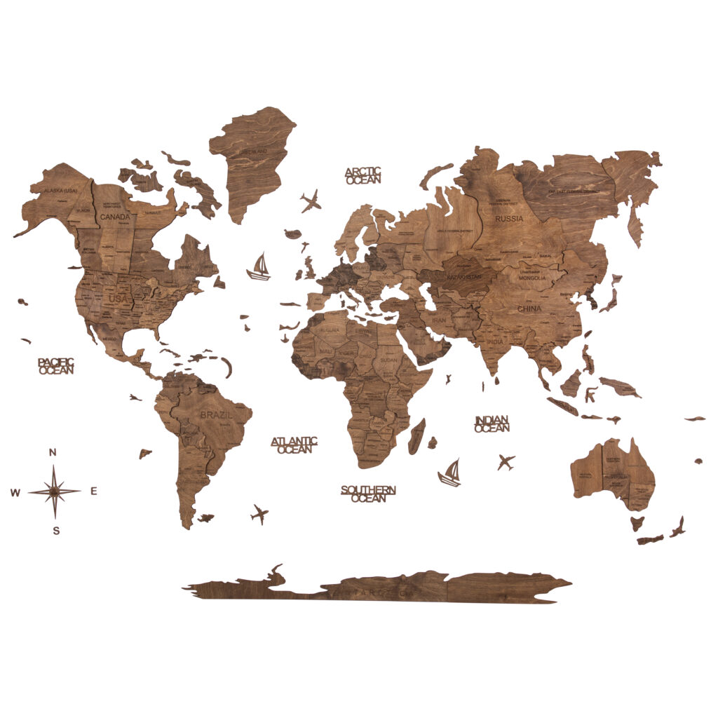 3D Wooden World Map Ebony - Wooden Art Studio