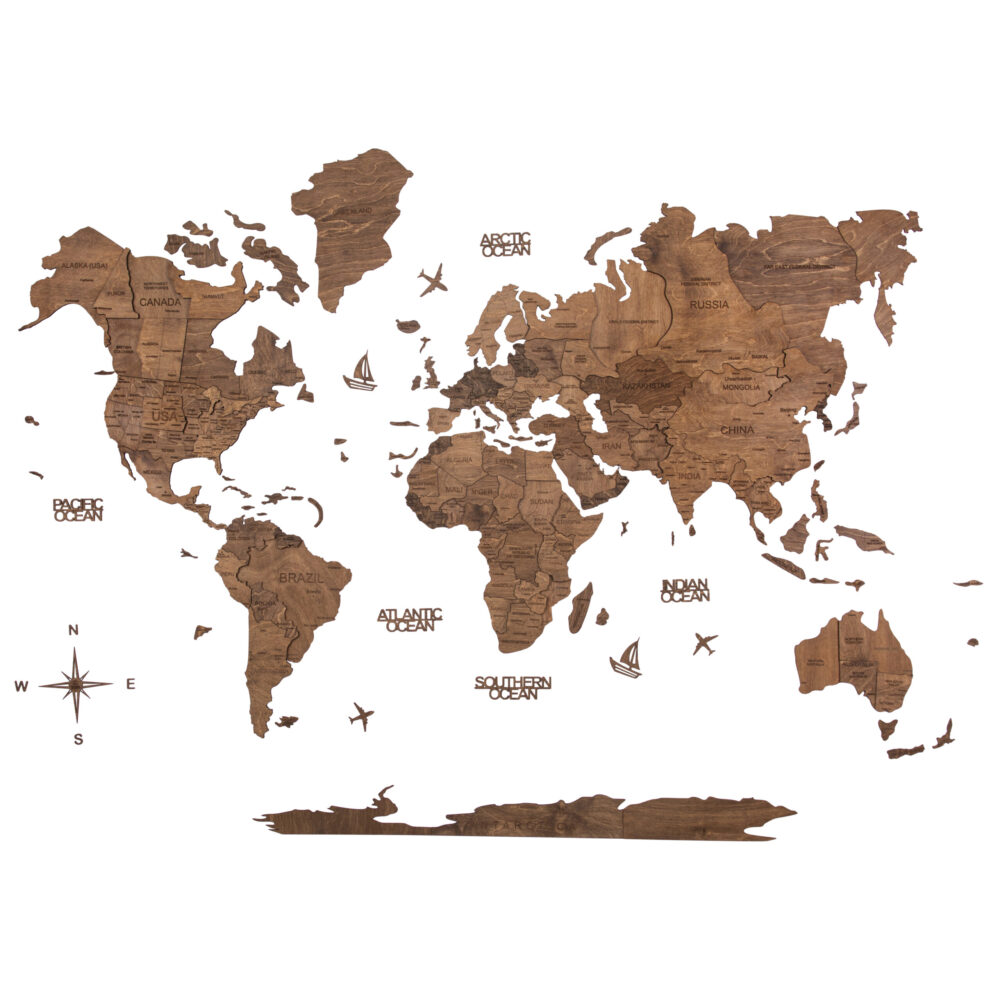 3D Wooden World Map Ebony