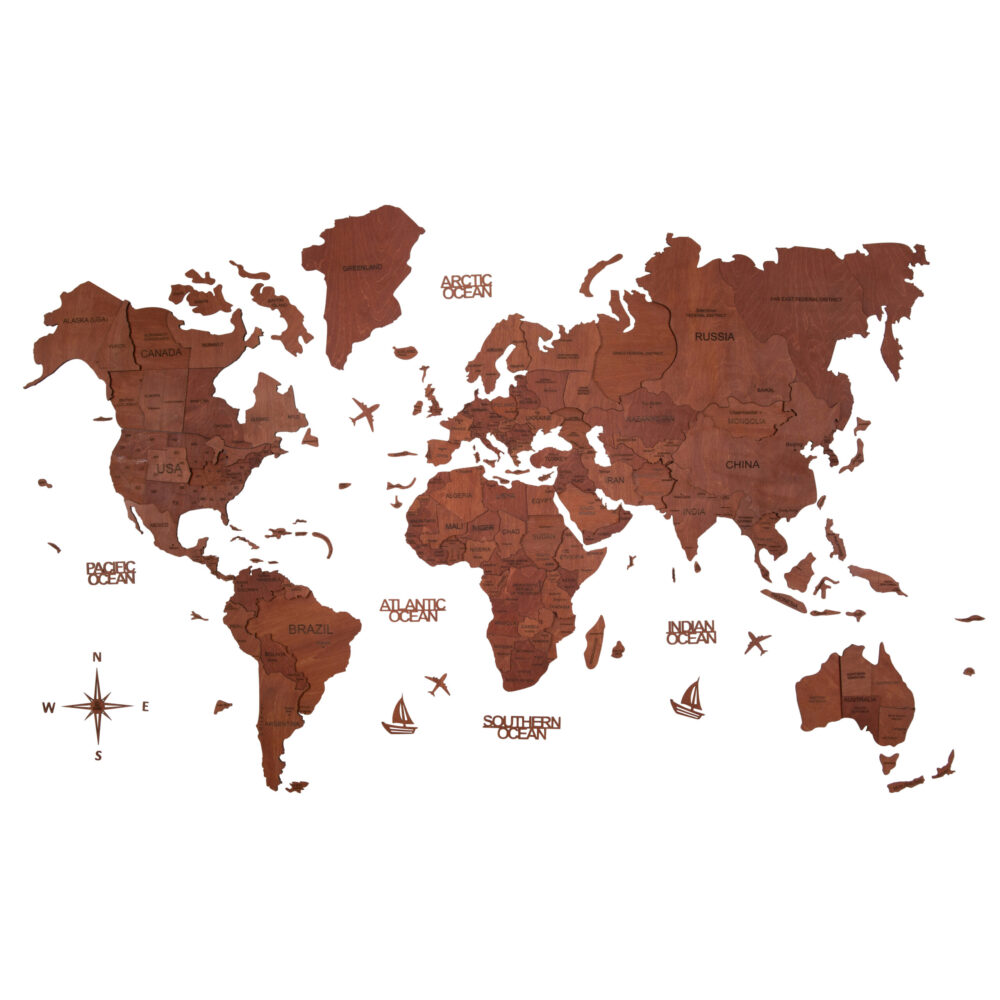 3D Wooden World Map Pecan
