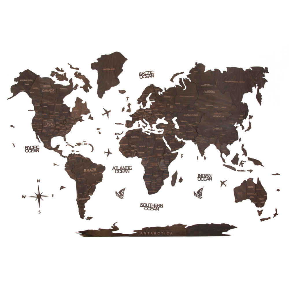 3D Wooden World Map Jacobean