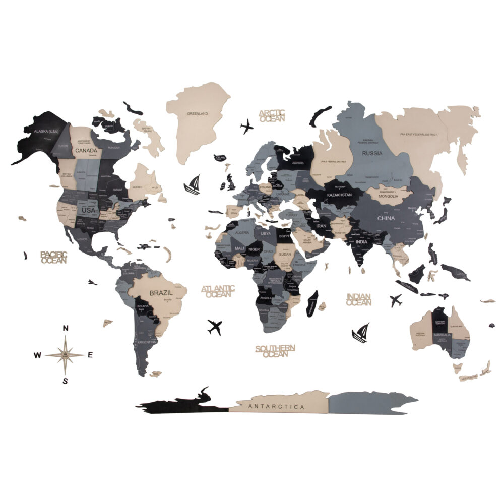 3D Wooden World Map Black and Beige