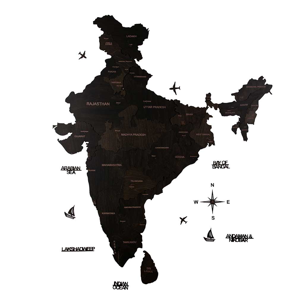 3D Wooden India Map Jacobean