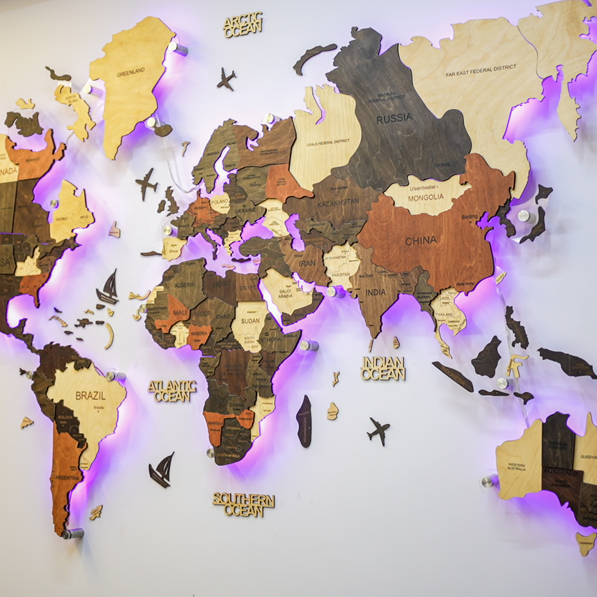 3D LED Wooden World Map