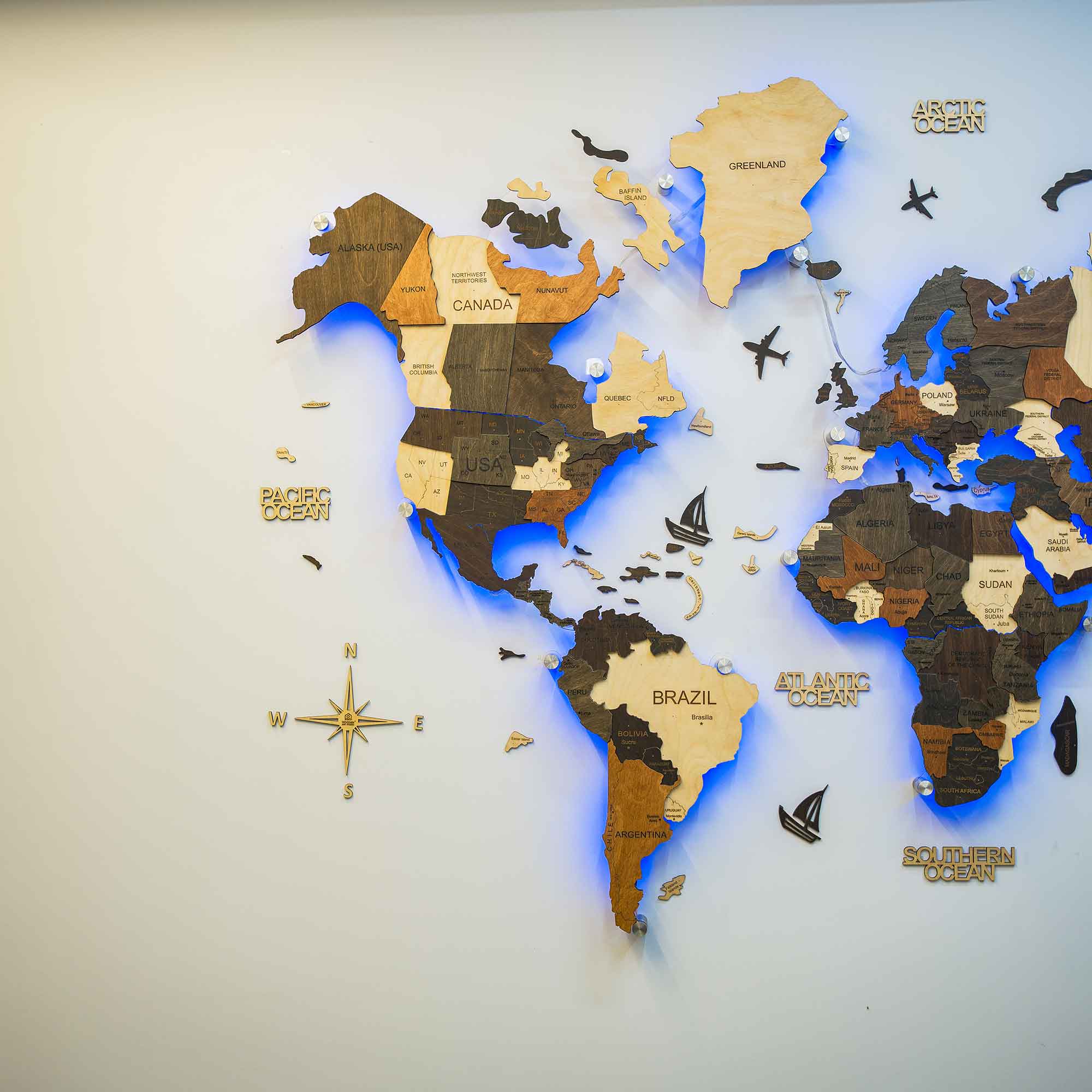 3D LED Wooden World Map